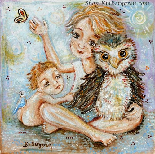 art print with blonde children holding an owl, a bird, and butterfly by KmBerggren