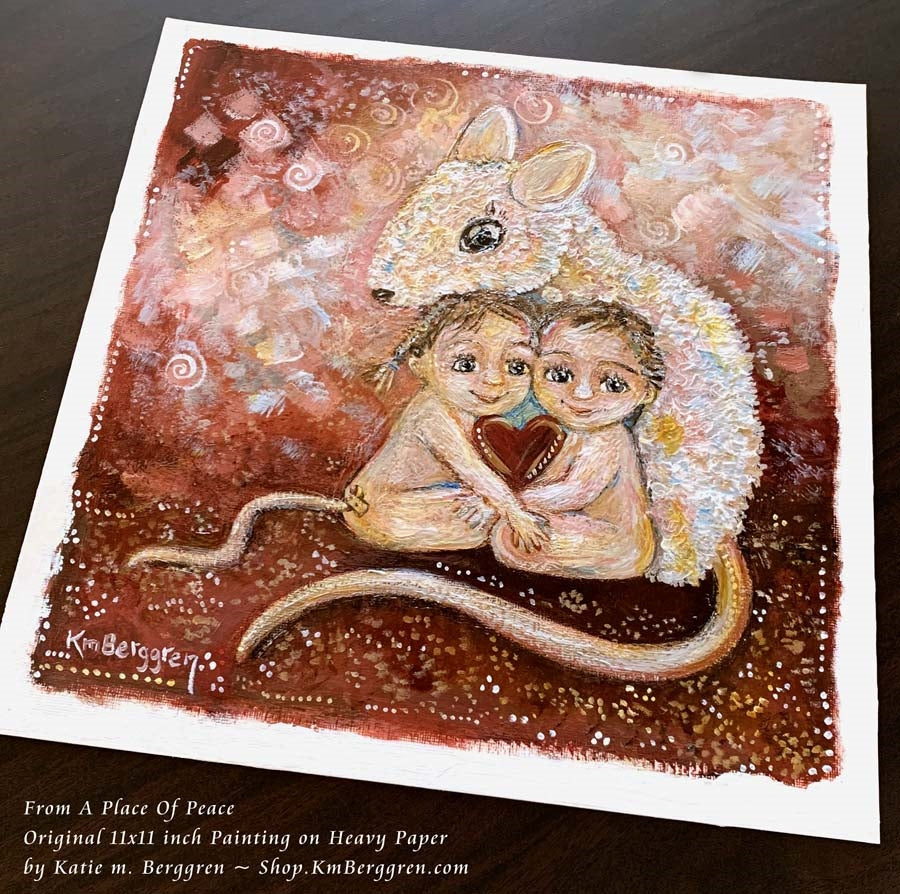 original painting on heavy paper of a mouse with two children, pink and red art print by KmBerggren