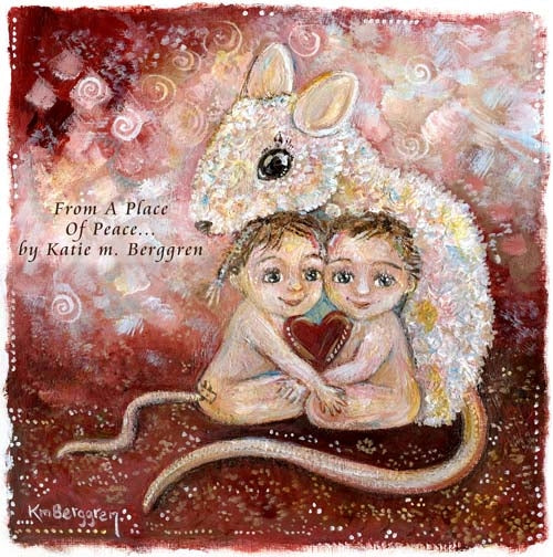original painting on heavy paper of a mouse with two children, pink and red art print by KmBerggren
