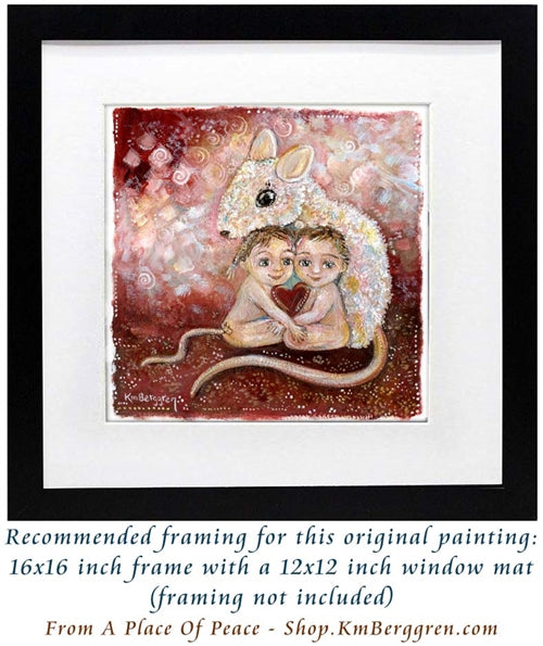 framed original painting on heavy paper of a mouse with two children, pink and red art print by KmBerggren