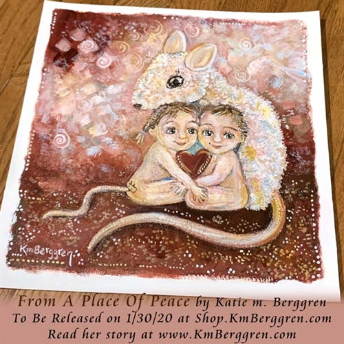 original painting on heavy paper of a mouse with two children, pink and red art print by KmBerggren