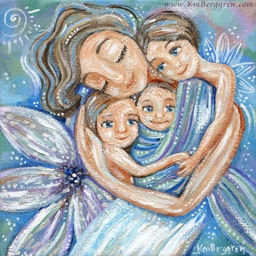 Mother with three children in purples. Customize hair and eye colors when you choose an Embellished Print!