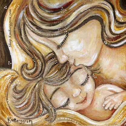 painting of mother and child in golden colors, mother kissing baby's forhead, art by KmBerggren