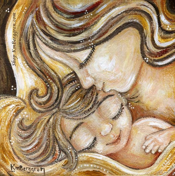 painting of mother and child in golden colors, mother kissing baby's forehead, art by KmBerggren