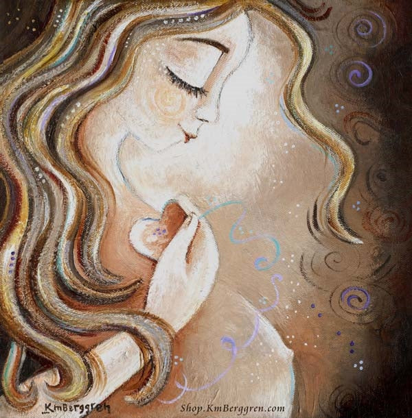 art print of pregnant mother holding a heart to her chest, long blonde hair, artwork by KmBerggren