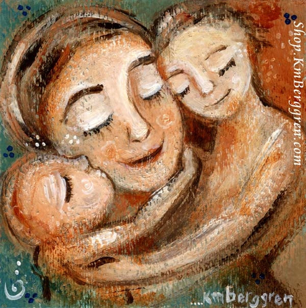 art print of mother with two children, reds and blues, skin to skin artwork by KmBerggren, mom with older son and baby, big brother artwork