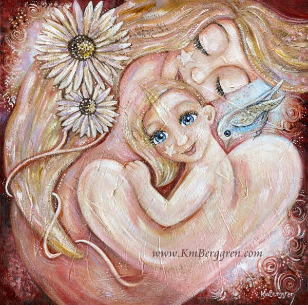blonde mother, blonde daughter, nurturing artwork with chamomile and blue bird, comforting artwork to honor the inner child, gentle soothing depictions of love and self-love, kmberggren