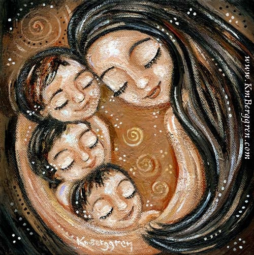 artwork of black haired mother holding three black haired children, kmberggren meaningful artwork for moms and women