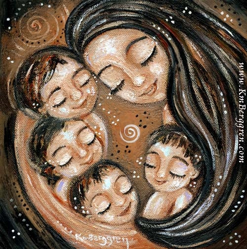 artwork of black haired mother holding 4 black haired children, bronze background, warm cozy nurturing artwork for moms, kmberggren paintings