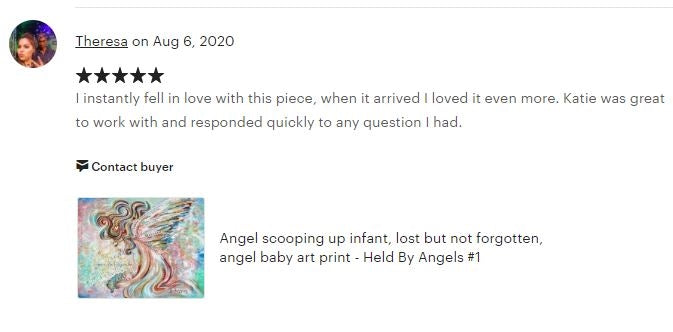 testimonial from a KmBerggren art collector whimsical and fantasy artwork of large angel with curly colorful hair and big colorful wings holding a tiny infant. Pink and Blue background, Katie m. Berggren artwork