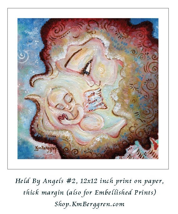 example print of an angel holding an winged baby angel with red and blues, by KmBerggren