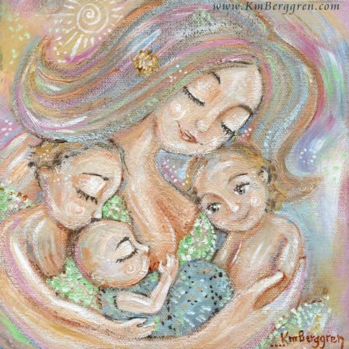 art print by KmBerggren of mother holding three children and nursing the youngest, pastel soft pink green blue artwork, 3 children with blonde hair, bald baby nursing