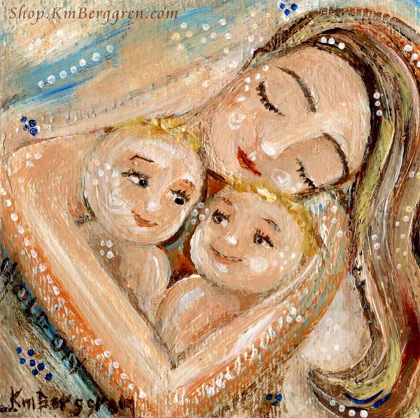 art print of mother holding blonde twins, soft pastel artwork by KmBerggren, blonde children, brunette mother, gentle loving artwork