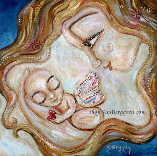 art print by KmBerggren of a blonde mother holding an angel winged baby child in her hands