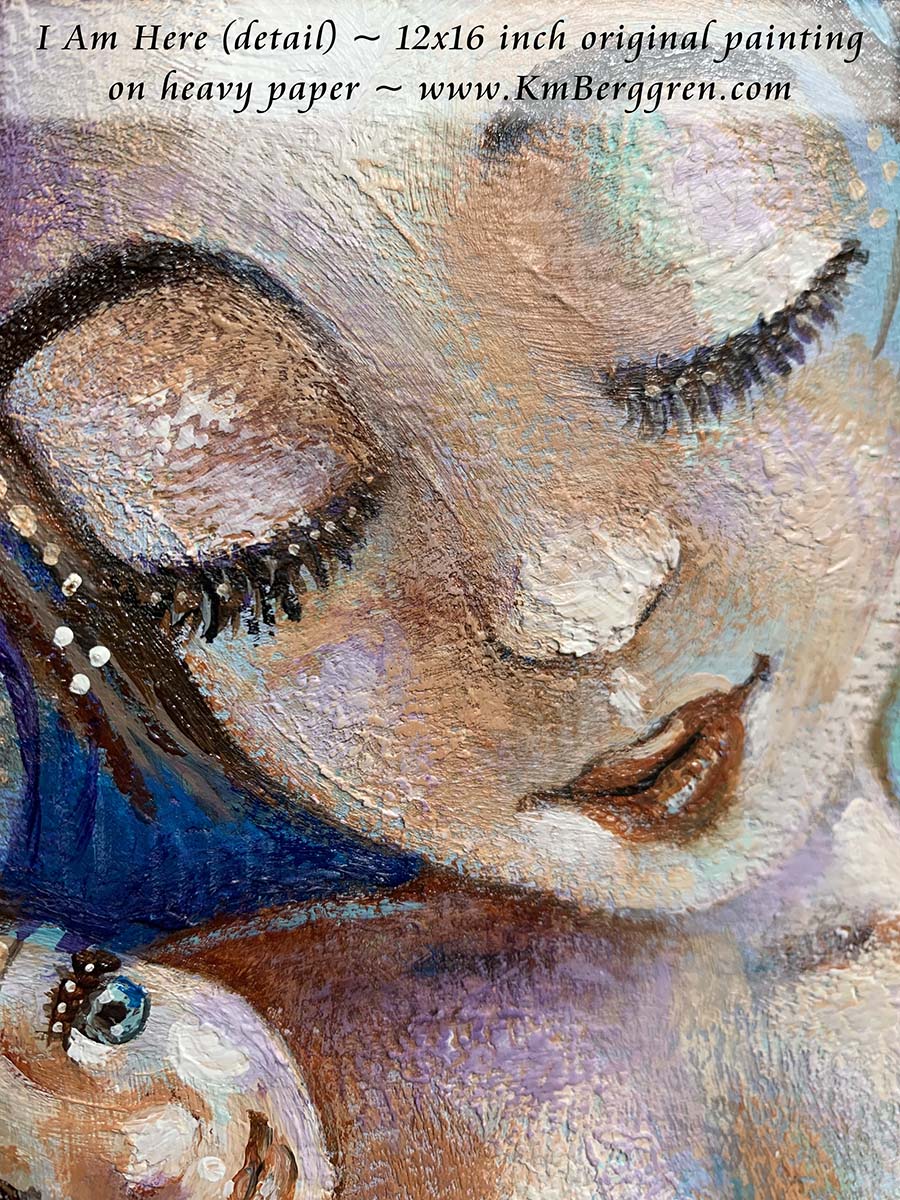 blue green mermaid mother short brown hair, tiny baby and jellyfish original artwork