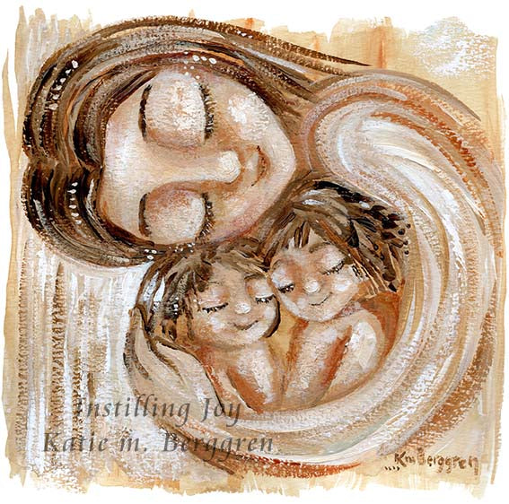 mother and two children in warm browns, mom cradling two children, blue watery artwork, biracial babies and mom, gift for mother's day for mom of two 2
