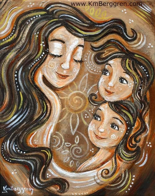 brown and gold art print from KmBerggren of brunette mother with two brunette girls and big flower, tender mother and daughters artwork in neutral warm colors, long brunette mother hair, brown haired twin daughters
