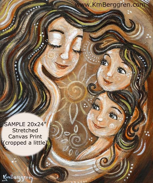 brown and gold art print from KmBerggren of brunette mother with two brunette girls and big flower, tender mother and daughters artwork in neutral warm colors, long brunette mother hair, brown haired twin daughters