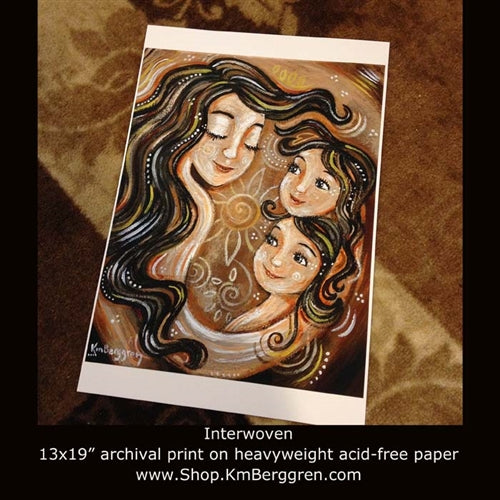 brown and gold art print from KmBerggren of brunette mother with two brunette girls and big flower, tender mother and daughters artwork in neutral warm colors, long brunette mother hair, brown haired twin daughters