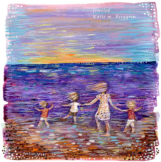 purple beach, mother and 3 children, 4 kids on a purple seashore, blue and orange sunset, purple ocean, whimsical beach art, wall decor for beach house, contemporary beach painting, abstract beach art, kmberggren