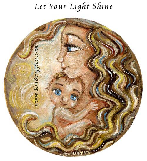 blonde curly haired mom, blonde blue eyed son, golden artwork, round art, circle painting, art on paper, art print for frame, frameable mom baby art, kmberggren family art