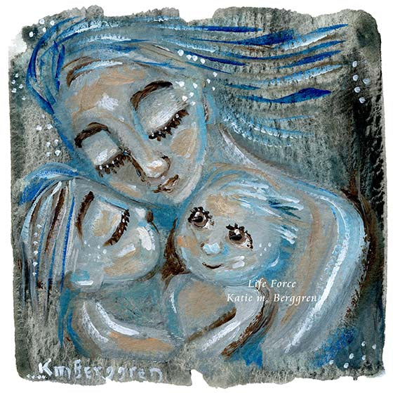 Life Force - mother and two babies blue art print
