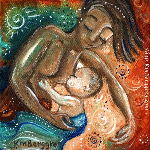 Biracial artwork of mother nursing light skinned baby, with green and red background by KmBerggren, Gentle mother and biracial child breastfeeding, black mother and bi-racial child nursing.