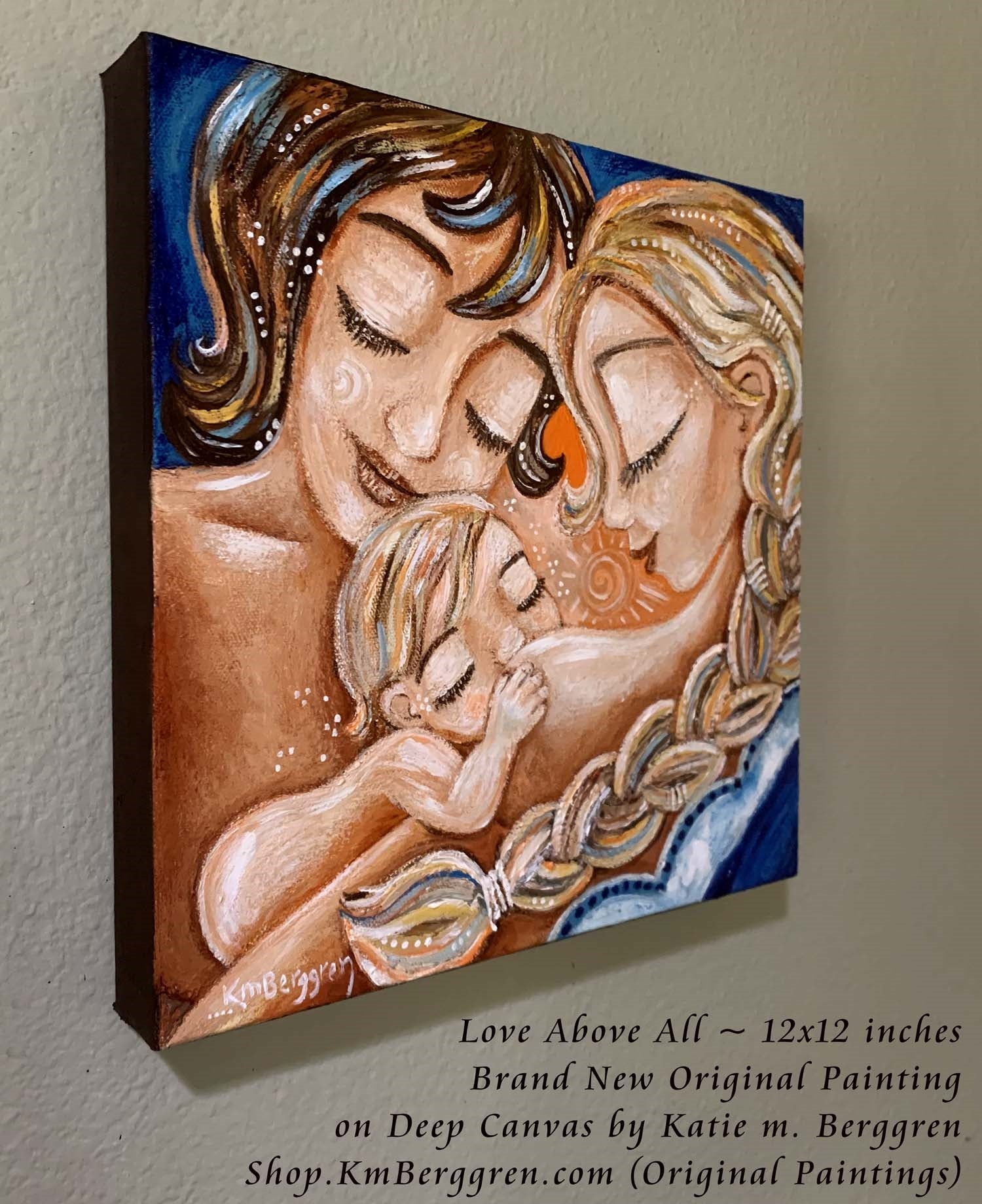 original painting of two mothers with nursing baby, blonde braid, short brown hair, artwork by KmBerggren