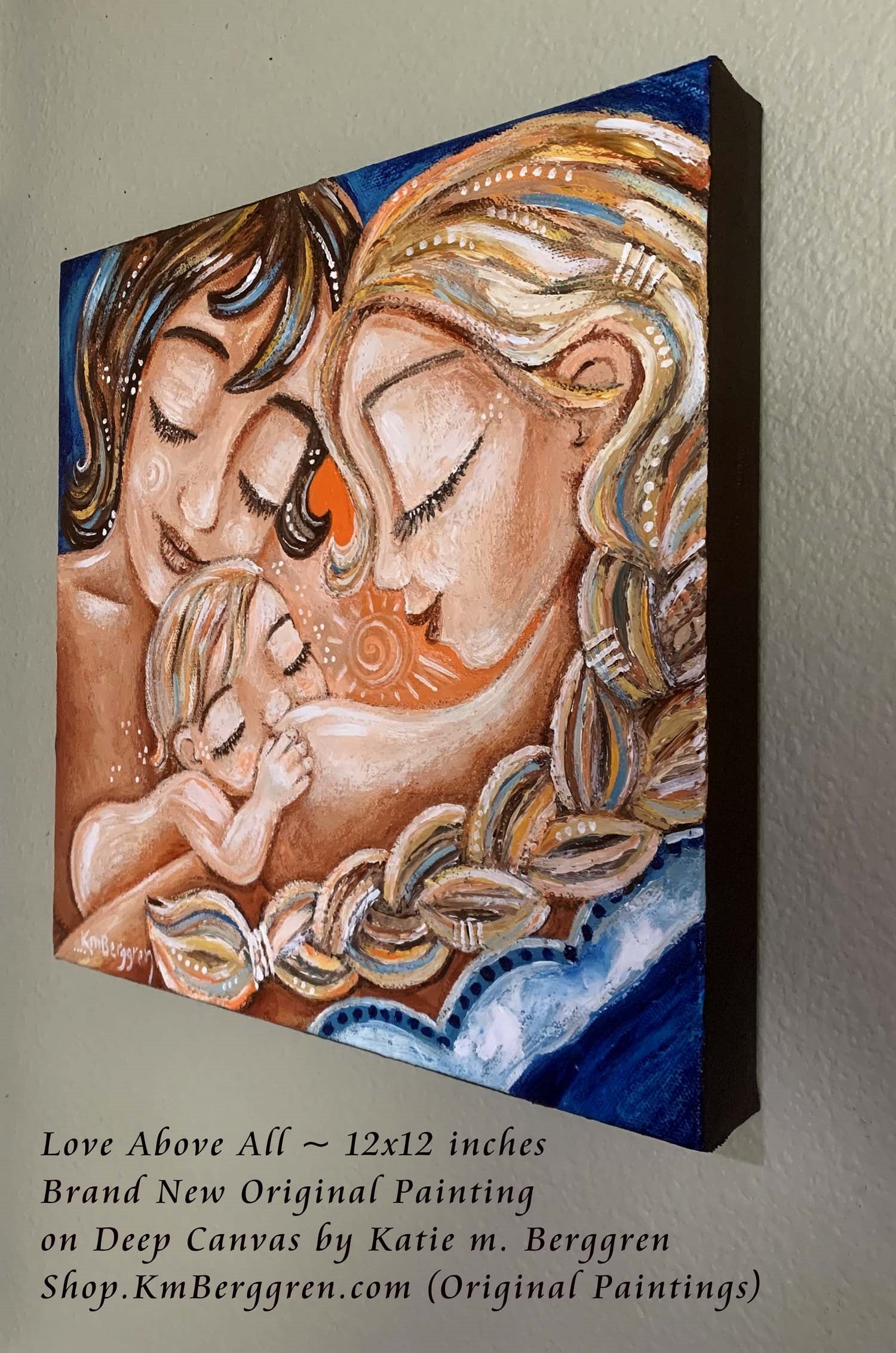 original painting of two mothers with nursing baby, blonde braid, short brown hair, artwork by KmBerggren