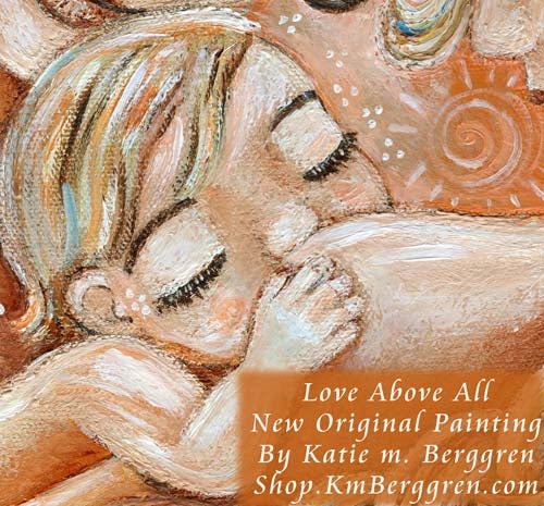 detail of original painting of two mothers with nursing baby, blonde braid, short brown hair, artwork by KmBerggren