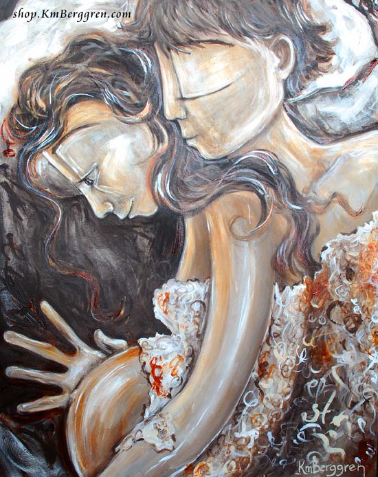 pregnant mother and father, warm browns and whites artwork with long haired expectant mother and father, baby belly artwork by KmBerggren