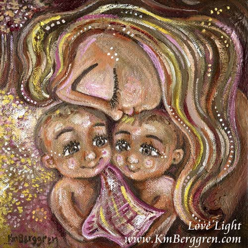 blonde mother with two little boys in her lap, light brown hair boys, twin boys, brown eyed children, embrace of mother, kissing head, mommy of boys, boy mommy, original painting, trees magical forest, gift for mom of boys for mothers day by kmberggren