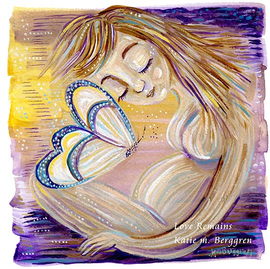 Pregnant mother with purple and yellow butterfly. Inspiring and comforting art prints for mom pregnant with her rainbow baby, blonde mother, watercolor background, yellow and violet nurturing comforting art print, kmberggren