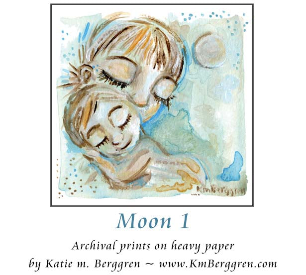 dreamy blue art with moon, mother and toddler hugging, cool blue artwork of mom and baby