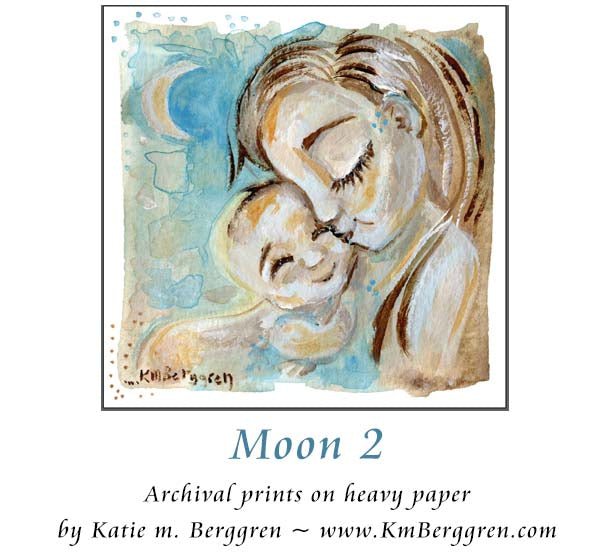 dreamy blue art with crescent moon, mother kissing new bald baby, cool blue artwork of mom and baby