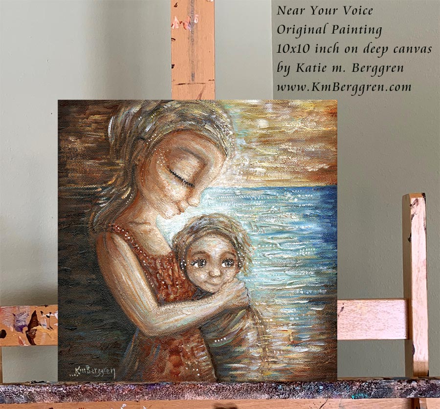 dreamy mother and child at the sea painting. gold red blue artwork of mom and little child by KmBerggren