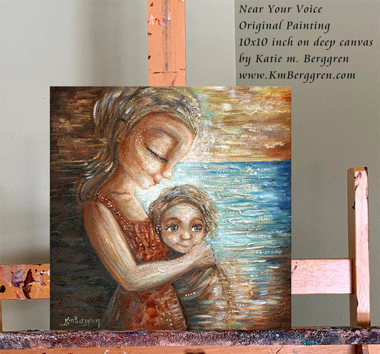 dreamy mother and child at the sea painting. gold red blue artwork of mom and little child by KmBerggren