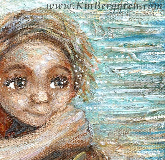 dreamy mother and child at the sea painting. gold red blue artwork of mom and little child by KmBerggren