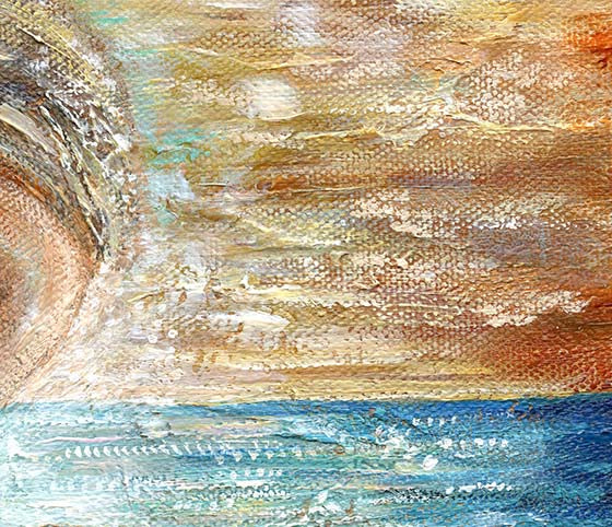dreamy mother and child at the sea painting. gold red blue artwork of mom and little child by KmBerggren