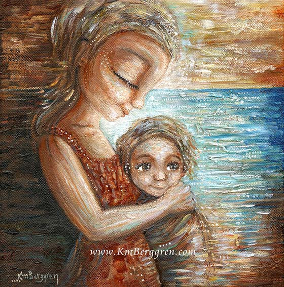 dreamy mother and child at the sea painting. gold red blue artwork of mom and little child by KmBerggren