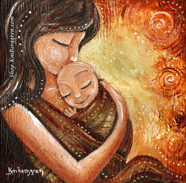 red orange rich color artwork of mother babywearing an infant with orange and yellow swirls, by KmBerggren, mom and new baby against chest, snuggling new bald baby, brunette mother wearing infant, intimate and warm artwork