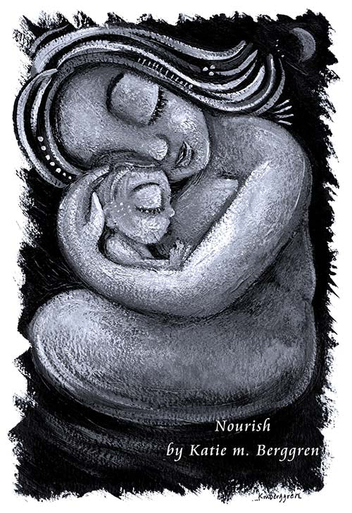 An 8x12 inch ORIGINAL black and white mother and baby painting on heavy 185 lb paper stock, mother and child black and white artwork, black and white painting of mom and baby, black and white paintings of women, bird and baby artwork, new baby gift, new baby artwork in black and white