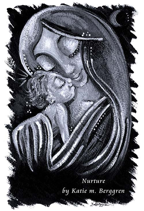 An 8x12 inch ORIGINAL black and white mother and baby painting on heavy 185 lb paper stock, mother and child black and white artwork, black and white painting of mom and baby, black and white paintings of women, bird and baby artwork, new baby gift, new baby artwork in black and white