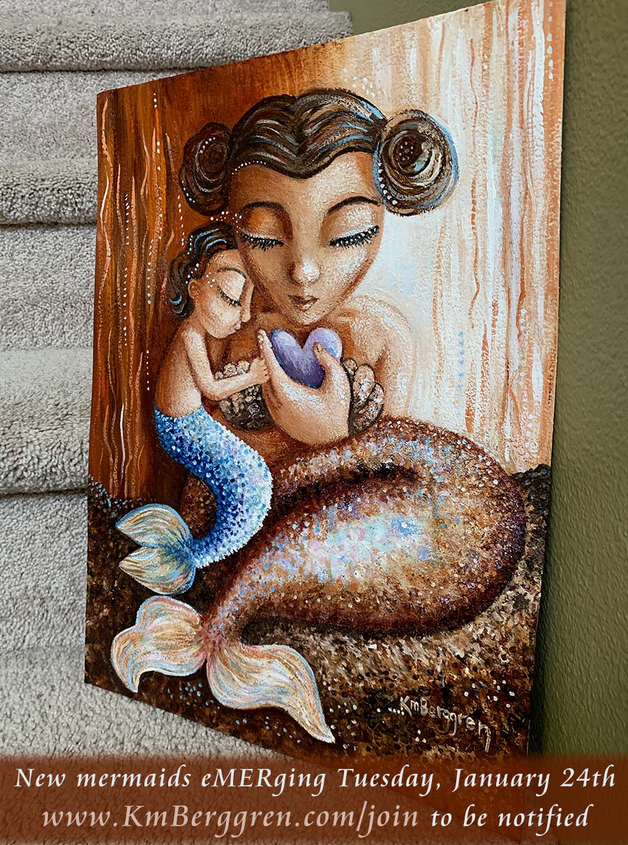 Mermaid Mother & Child Gentle Heart Red & Orange with Purple Heart Original Painting - KmBerggren