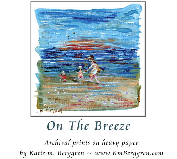 dreamy beach art, woman and two children on the beach, purple and blue soft beach painting