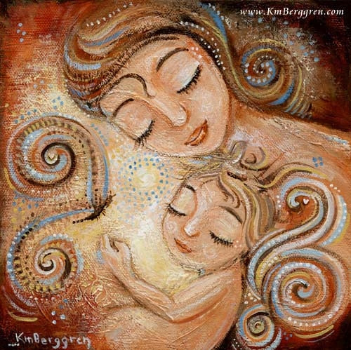 red and yellow art print by KmBerggren of a mother with an angel child and a whimsical butterfly