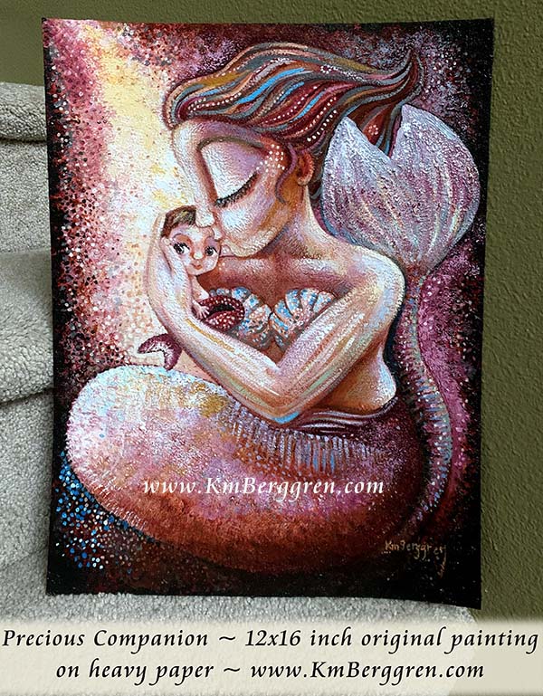 Mermaid Mother & Tiny Mermaid Baby Magenta Original Painting - KmBerggren