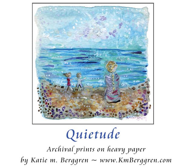 dreamy beach art, woman and two children on the beach, purple and blue soft beach painting