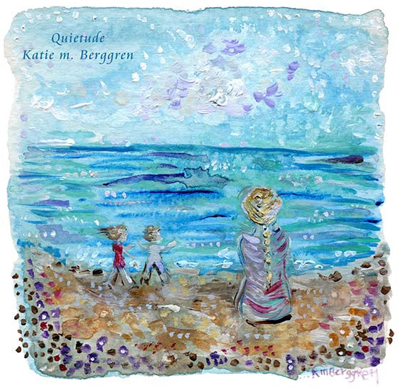 dreamy beach art, woman and two children on the beach, purple and blue soft beach painting, abstract expressive beach art print, beach house wall decor, whimsical beach art, family on beach painting, contemporary beach painting, kmberggren