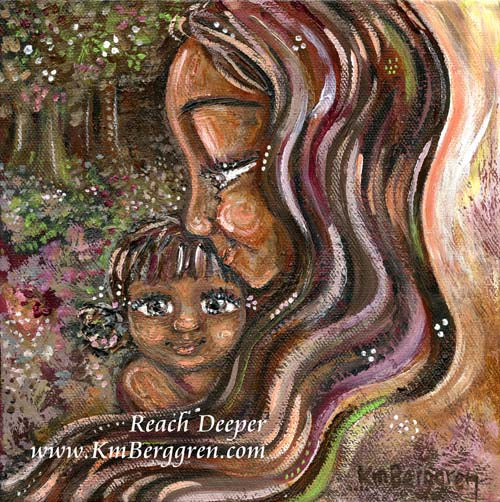 african american mother with long dark hair, dark eyed daughter with hair buns, mother daughter forest trees, magical painting love intimacy by KmBerggren